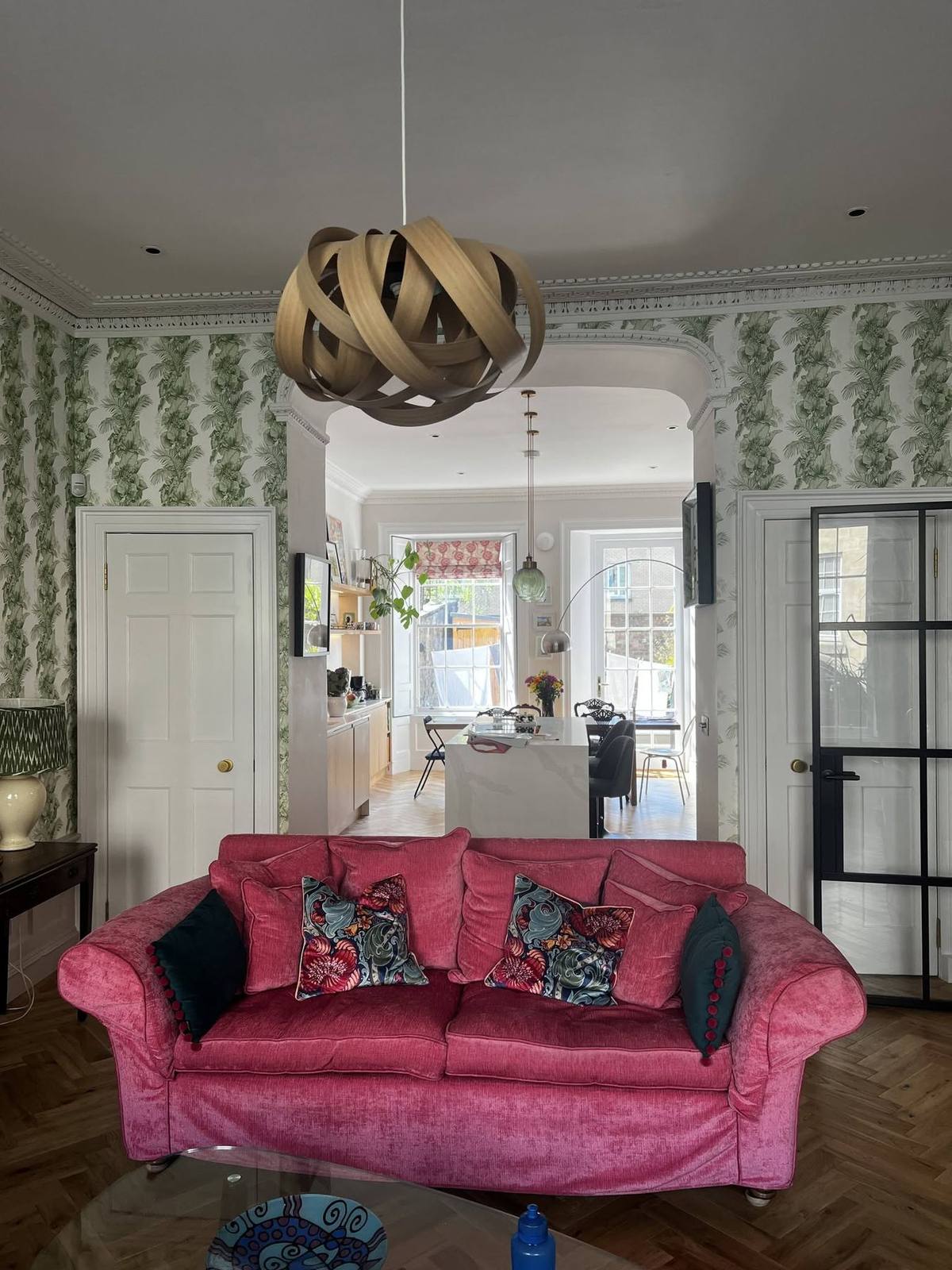 Living room with hand-hung leaf-print wallpaper, Edinburgh